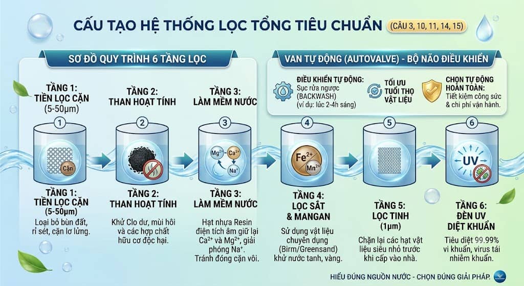 Sơ đồ quy trình 6 tầng lọc trong bộ câu hỏi thường gặp về lọc nước biệt thự tiêu chuẩn.
