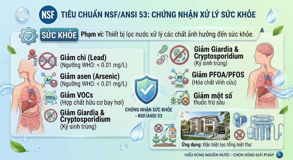 tiêu chuẩn NSF/ANSI 53 về xử lý các chất độc hại ảnh hưởng đến sức khỏe trong lọc nước biệt thự