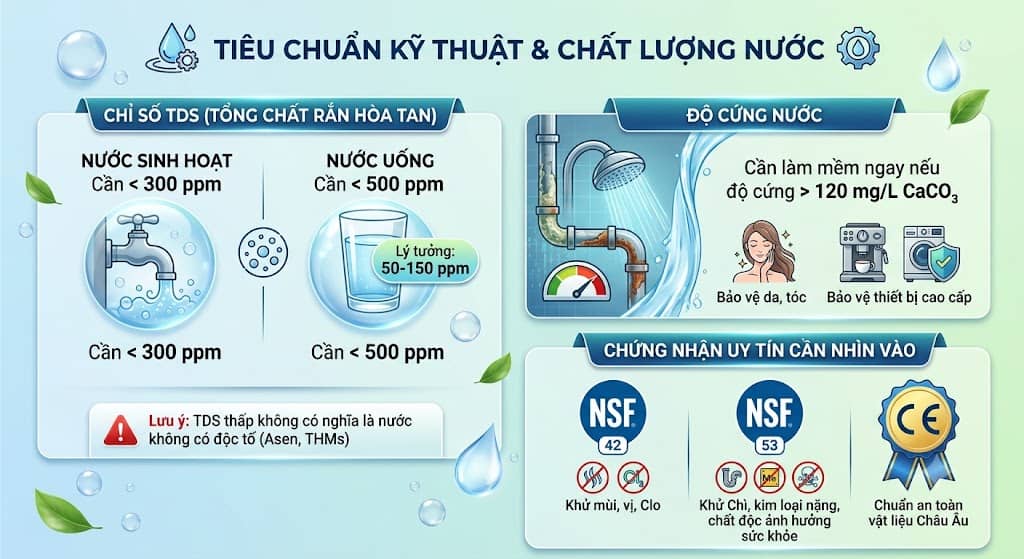 Tiêu chuẩn chỉ số TDS, độ cứng và chứng nhận NSF khi tìm hiểu câu hỏi thường gặp về lọc nước biệt thự.
