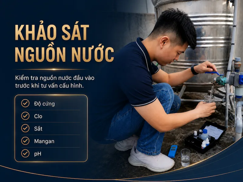 Kỹ thuật viên Ranhomecare khảo sát và kiểm tra nguồn nước sinh hoạt tại nhà
